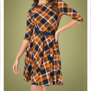 60s Stephanie Skater Tartan Dress in Orange and Navy